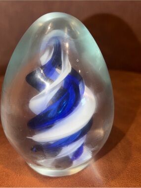 Clear Glass Paperweight with Cobalt Blue and White Swirl - Egg Shape